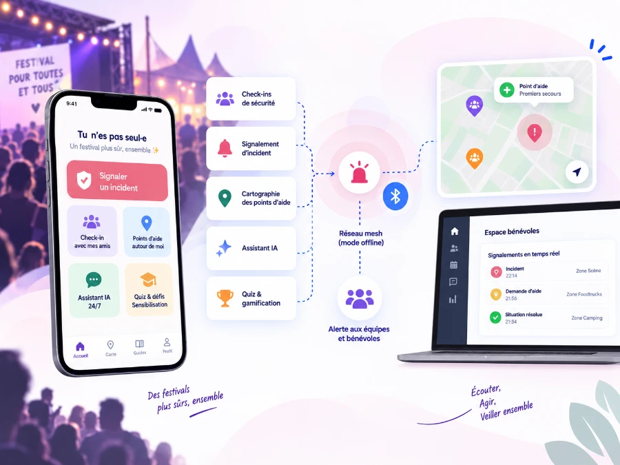 Écran d'alerte de l'application Safer au festival Marsatac